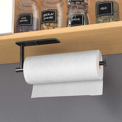 VAEHOLD Self Adhesive Paper Towel Holder Under Cabinet Mount, Wall Mount Paper Towel Roll Rack for Kitchen Cabinet, Bathroom, SUS304 Stainless Steel Black