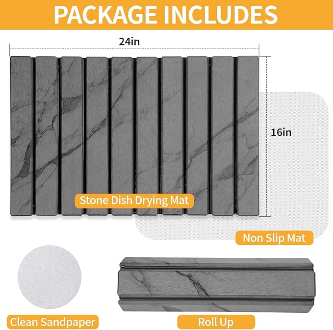 Stone Dish Drying Mat for Kitchen Counter, 24"×16" Quick Dry Stone Dishes Mat, Foldable Water Absorbing Diatomaceous Earth Drying Mats with Non-Slip Heat-Resistant Base for Dishes Utensils(Dark Gray) - Image 8