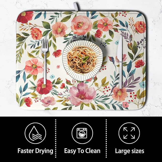 Floral Dish Drying Mat for Kitchen Counter Absorbent Microfiber Dishes Drying Pad Cute Flowers Dish Drainer Rack Mats Washable Coffee Sink Mat Extra Large 18"x24" Dish Mat - Image 4