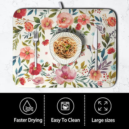Floral Dish Drying Mat for Kitchen Counter Absorbent Microfiber Dishes Drying Pad Cute Flowers Dish Drainer Rack Mats Washable Coffee Sink Mat Extra Large 18"x24" Dish Mat - Image 4