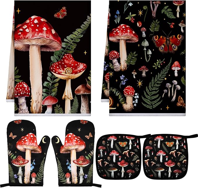 Bencailor 6 Pcs Mushroom Kitchen Towels Oven Mitts and Pot Holders Set Decorative Dish Towels Tea Washcloth Non Slip Heat Resistant Oven Gloves for Summer Home Cooking Baking, Red by Bencailor