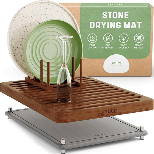 NIUM Stone Drying Mat for Kitchen Counter & Bamboo Rack - 16″x12″ - Diatomaceous Earth Dish drying mat Ultra Absorbent & Fast Drying - EcoFriendly with Non-Slip Pads & Anti-Moisture Design by Elevateyoureveryday