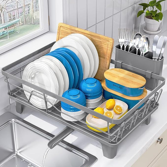 Urackify Dish Drying Rack for Kitchen Counter, Sink Dish Rack with Drainboard 12.2" W x 16.5" L, Large Dish Drainer with Cutlery Holder, Home Countertop Plate Dryer Storage Rack, Gray by Urackify