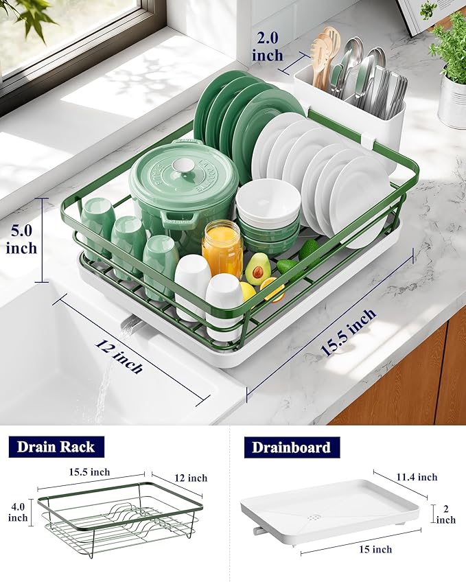 Kitsure Dish Drying Rack for Kitchen Counter, Stainless Steel Sink Organization and Storage Essentials with Cutlery Holder, Home and Appartment Decor, 12''W x 15.5''L, Green - Image 2
