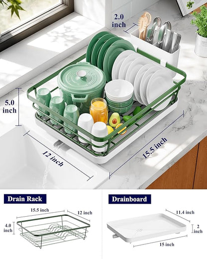 Kitsure Dish Drying Rack for Kitchen Counter, Stainless Steel Sink Organization and Storage Essentials with Cutlery Holder, Home and Appartment Decor, 12''W x 15.5''L, Green - Image 2
