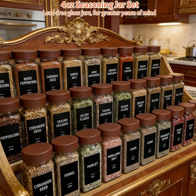Spice Jars with Labels - 24 Glass Spice with Shaker Lids & Airtight Plastic Caps - 4oz Complete Seasoning Containers Organizer Set for Cabinet, Drawer & Rack (Brown) - Image 2