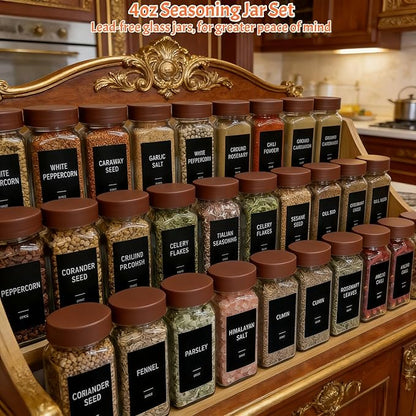 Spice Jars with Labels - 24 Glass Spice with Shaker Lids & Airtight Plastic Caps - 4oz Complete Seasoning Containers Organizer Set for Cabinet, Drawer & Rack (Brown) - Image 2