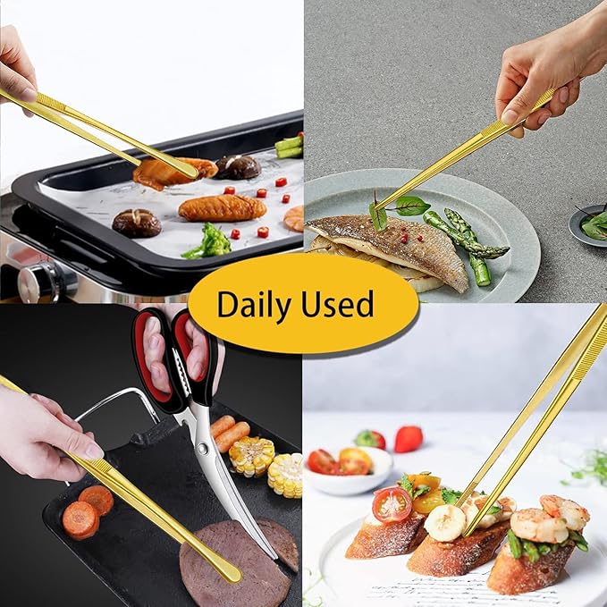 JETKONG 2 Pcs 12-Inch Cooking Tweezers Stainless Steel Food Tweezers Kitchen Tweezer Tongs (Gold) - Image 5