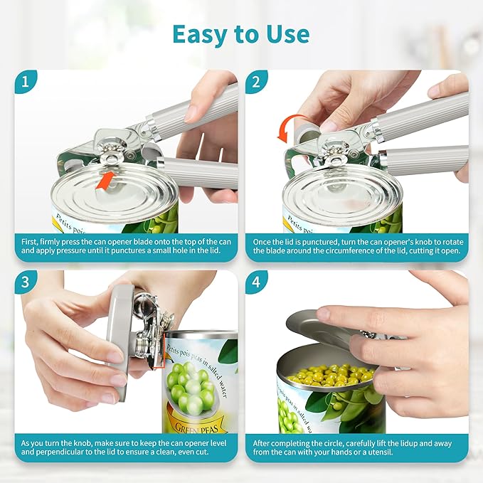 Ultrean Manual Can Opener Bottle Opener, Heavy Duty Stainless Steel Smooth Edge Manual Hand Held Can Opener With Soft Touch Handle, Rust Proof Oversized Handheld Easy Turn Knob (Light Gray) - Image 4