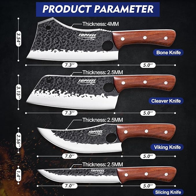 Topfeel 4PCS Meat Cleaver Set -Heavy Duty Bone Chopper & Meat Cleaver & Viking Knife & Slicing Knife, Chef Knives Set for Home Kitchen,Camping, BBQ Knives Gift for Men - Image 6