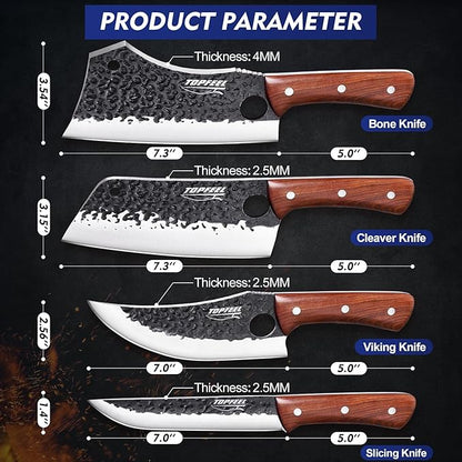 Topfeel 4PCS Meat Cleaver Set -Heavy Duty Bone Chopper & Meat Cleaver & Viking Knife & Slicing Knife, Chef Knives Set for Home Kitchen,Camping, BBQ Knives Gift for Men - Image 6