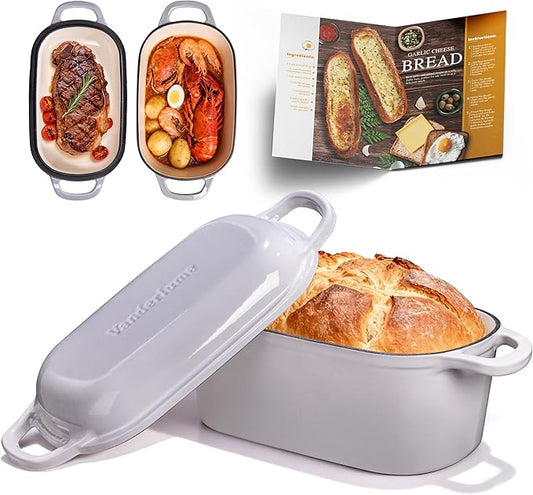 4.6-Quart Oval Dutch Oven for Bread Baking, 2 in 1 Cast Iron Bread Pan with Lid, Sourdough Bread Dutch Oven for a Crispy Crust, Oyster Grey