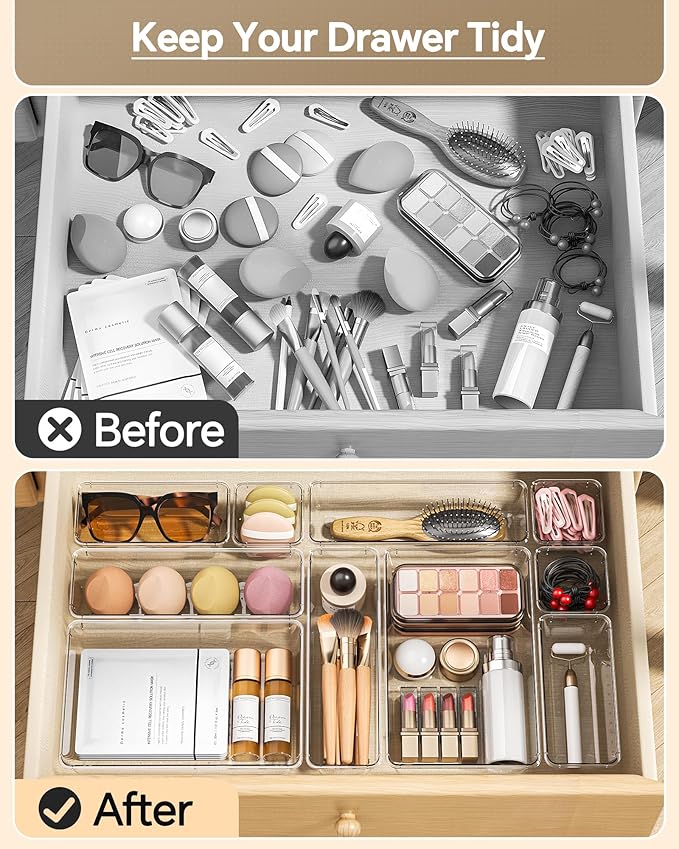 KEMETHY 25 PCS Plastic Drawer Organizers Set, 4 Sizes Vanity Organizer, Makeup and Desk Drawer Organizer Trays, Organization and Storage for Makeup, Bathroom, Kitchen Utensils and Office (Clear) - Image 3