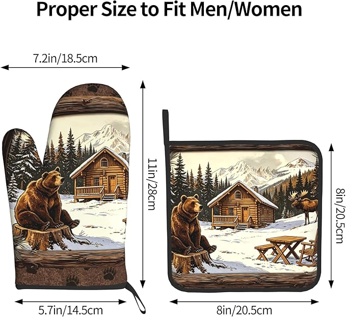 Vintage Oven Mitts and Pot Holders Sets Rustic Cabin Kitchen Gloves Bear Hot Pads Cute Baker Stuff Chef Cooking Baking Gifts for Women - Image 3