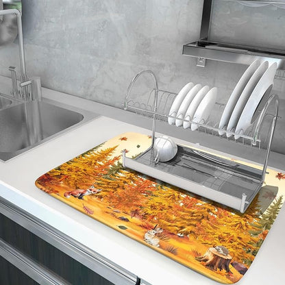 Autumn Forest Dish Drying Mat - Welcome Fall Fox Drying Pad for Counter Wildlife Dish Drainer Mat Cabin Animal Kitchen Accessories 18 X 24 Inch - Image 5