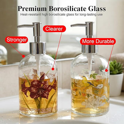 17oz Glass Soap and Lotion Dispenser Bottle with Rust Proof Plastic Pump Refillable Liquid Pump Bottle Great for Kitchen, Bath, Bathroom Accessories, Countertop, Set of 2