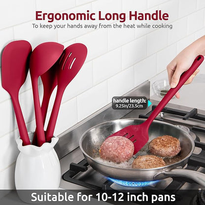 Silicone Kitchen Cooking Utensil Set: U-Taste High Heat Resistant 13.6in Long Kitchen Gadgets, BPA Free Non Stick Rubber Cook Accessories For Stir Frying, Serving, Basting, Mixing (5 Pieces, Red) - Image 6