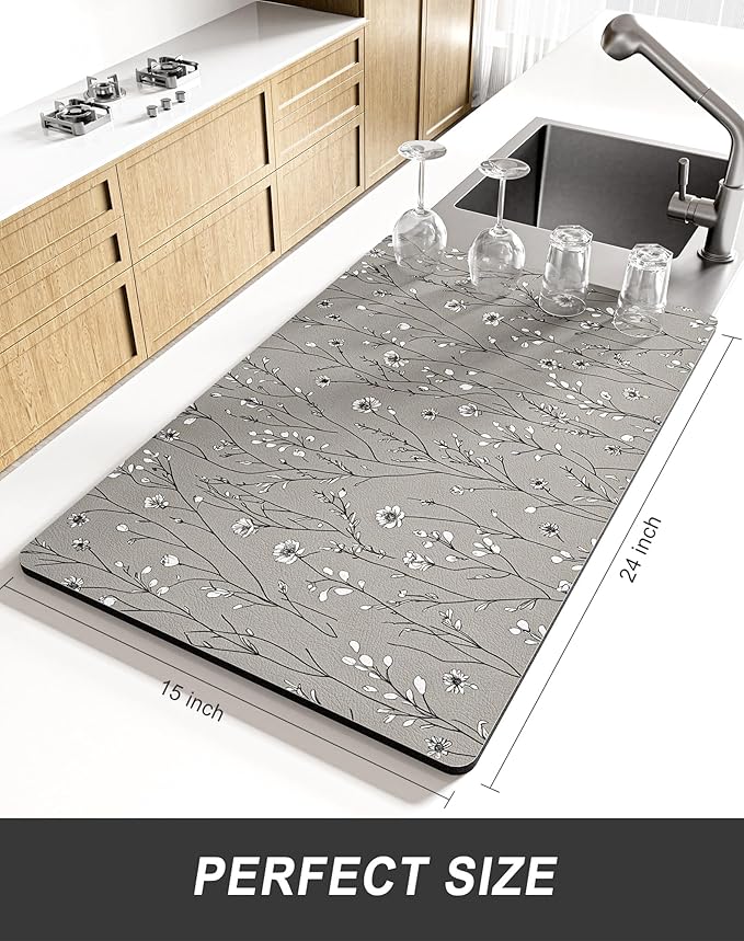 Rnivvi Dish Drying Mat for Kitchen Counter, XL 15 x 24" Cute Flower Theme Absorbent Draining Pad, Non-Slip Heat Resistant Coffee Bar Mats for Coffee Machine Station Accessories, Grey Dish Rack Pad - Image 2