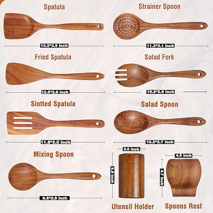 Mooues Wooden Spoons for Cooking, Wooden Utensils for Cooking Natural Teak Wooden Kitchen Utensils Set Comfort Grip(9 PCS SET GIFT BOX) - Image 4