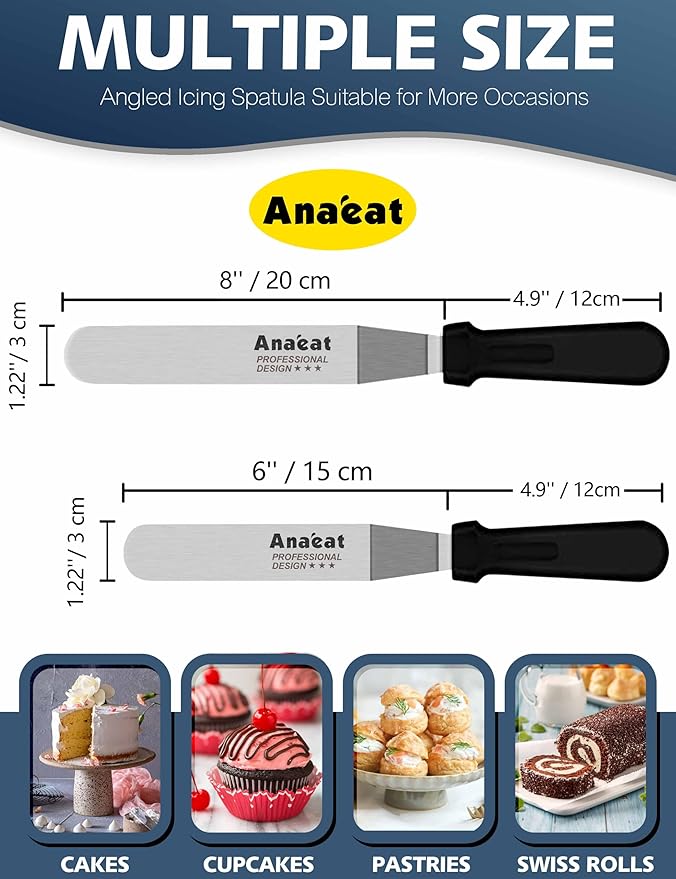 Anaeat Icing Spatulas, Set of 2 Professional Cake Angled Offset Spatula with 6", 8" Stainless Steel Blades - Thickened Frosting Knife with Durable Plastic Handle for Cake Decorating Pastry & Baking - Image 6