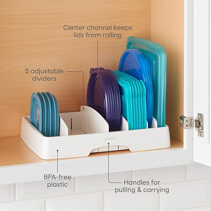 YouCopia StoraLid Food Container Lid Organizer for Kitchen Cabinet Storage with 5 Adjustable Dividers, 10.5''D × 13.4''W × 3.3''H, Large Classic Edition, White - Image 2