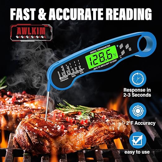 AWLKIM Digital Meat Thermometer with Doneness Chart, 2-Sec Instant Read Food Thermometer for Cooking, Grilling, Oven, Air Fryer - Waterproof Backlit Magnetic Flip Probe, Gift for Men, Dad - Blue - Image 2