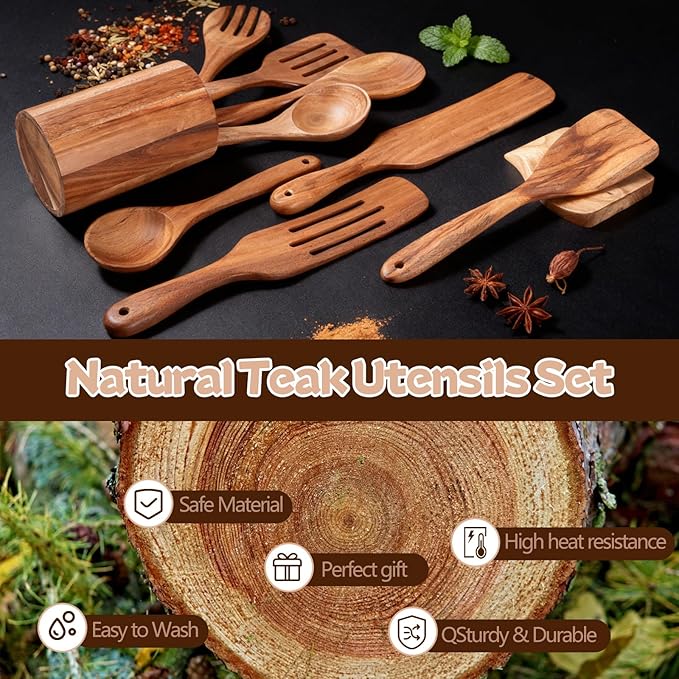 MYRAINBOW Wooden Spoons for Cooking, 10-Piece Teak Wooden Cooking Utensil Set with Holder, Nonstick, Heat Resistant Kitchen Utensils, Durable Wooden Cooking Spoons, Kitchen Cooking Gifts for Women Men - Image 2