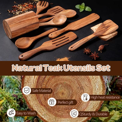 MYRAINBOW Wooden Spoons for Cooking, 10-Piece Teak Wooden Cooking Utensil Set with Holder, Nonstick, Heat Resistant Kitchen Utensils, Durable Wooden Cooking Spoons, Kitchen Cooking Gifts for Women Men - Image 2