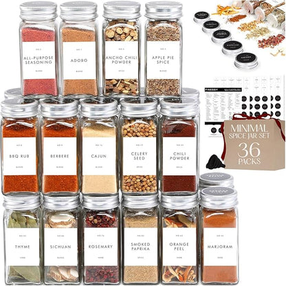 Glass Spice Jars with Labels with Metal Lids and Shakers Minimalist 36 Pack Set, 4oz Small Clear Empty Spice Bottles Seasoning Containers with Label Organizer Square Herb Seasoning Jars for Kitchen by Finessy