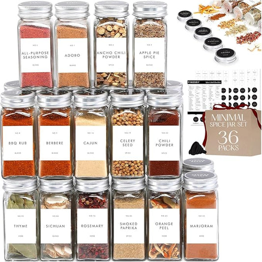 Glass Spice Jars with Labels with Metal Lids and Shakers Minimalist 36 Pack Set, 4oz Small Clear Empty Spice Bottles Seasoning Containers with Label Organizer Square Herb Seasoning Jars for Kitchen by Finessy