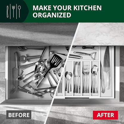 ROYAL CRAFT WOOD Luxury Bamboo Kitchen Drawer Organizer - Silverware Organizer - Utensil Holder and Cutlery Tray with Grooved Drawer Dividers for Flatware and Kitchen Utensils (9 Slot, White) - Image 5