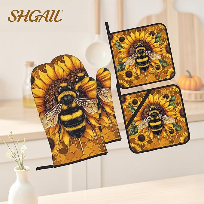 Sunflower Bee Oven Mitts and Heat Resistant Pads - Heat Resistant Gloves Potholder Set of 4 for Cooking, BBQ, Gifts for Women