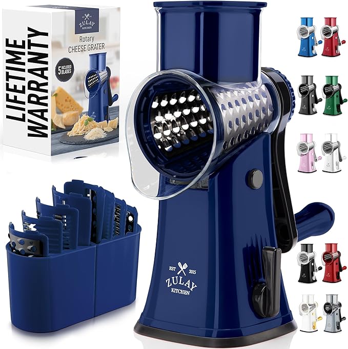 Zulay Kitchen Rotary Cheese Grater 5 Blade Cheese Shredder - Manual Hand Crank Cheese Grater With Reinforced Suction & 5 Interchangeable Drums - Easy to Use, Vegetable Chopper Round Mandoline Slicer by ZulayKitchen