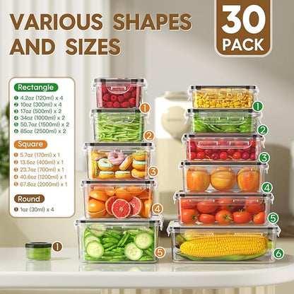 60 PCS Food Storage Containers with Lids Airtight (30 Containers & 30 Lids), 100% Leak Proof Meal Prep Container for Kitchen, BPA-Free Plastic(Polypropylene5), Microwave/Dishwasher Safe, Labels & Pen - Image 2