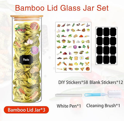 BGraceyy Glass Jars with Bamboo Lids, 72oz 3Pcs Kitchen Glass Containers with Bamboo Lids, Airtight Glass Pantry Storage Containers with Lids for Spaghetti, Pasta, Rice, Nuts, Flour, Bean, Dry Foods - Image 3