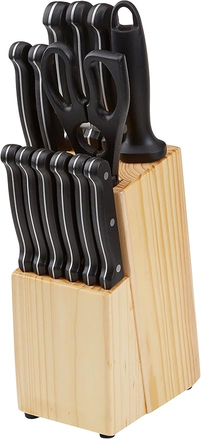Amazon Basics 14-Piece High Carbon Stainless Steel Kitchen Knife Set with Full Tang Construction, Ergonomic Handles, Sharpener and Pinewood Block, Black - Image 4