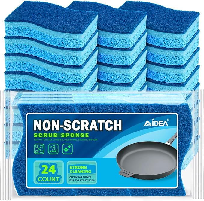AIDEA Sponges Kitchen, Non-Scratch Scrub Sponge, 24Count, Sponges for Non-Stick Cookware, Kitchen Sponge for Dishes, Cleans Fast Without Scratching, Cleaning Power for Kitchen, Bathroom, Household by AIDEAHOME