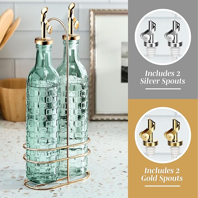 COOK WITH COLOR Glass Olive Oil Bottle Dispenser - 2 Pack- 17oz Oil and Vinegar Cruet - Olive Oil Carafe Decanter for Kitchen, Checkered, Green - Image 4