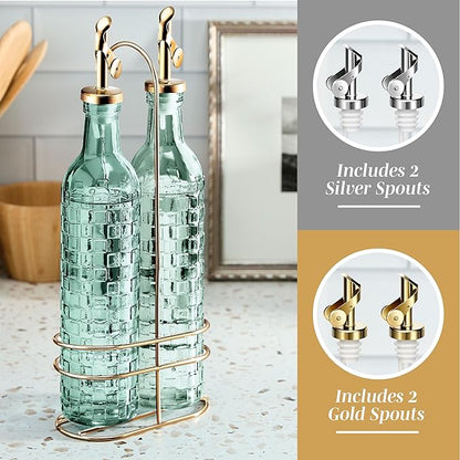 COOK WITH COLOR Glass Olive Oil Bottle Dispenser - 2 Pack- 17oz Oil and Vinegar Cruet - Olive Oil Carafe Decanter for Kitchen, Checkered, Green - Image 4