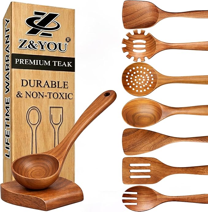 9-Piece Teak Wooden Utensil Set – Wooden Spoons for Cooking with Spoon Rest, Wooden Spatula, and Non Toxic Cooking Utensils – Premium Kitchen Utensils Set for Daily Use by Unknown