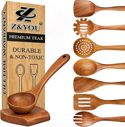 9-Piece Teak Wooden Utensil Set – Wooden Spoons for Cooking with Spoon Rest, Wooden Spatula, and Non Toxic Cooking Utensils – Premium Kitchen Utensils Set for Daily Use by Unknown
