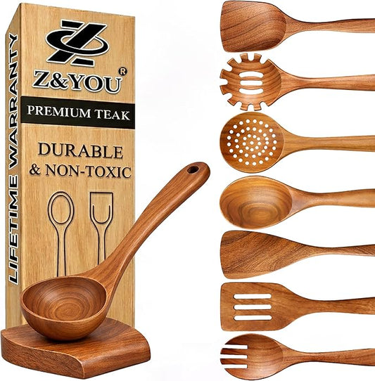 9-Piece Teak Wooden Utensil Set – Wooden Spoons for Cooking with Spoon Rest, Wooden Spatula, and Non Toxic Cooking Utensils – Premium Kitchen Utensils Set for Daily Use by Unknown