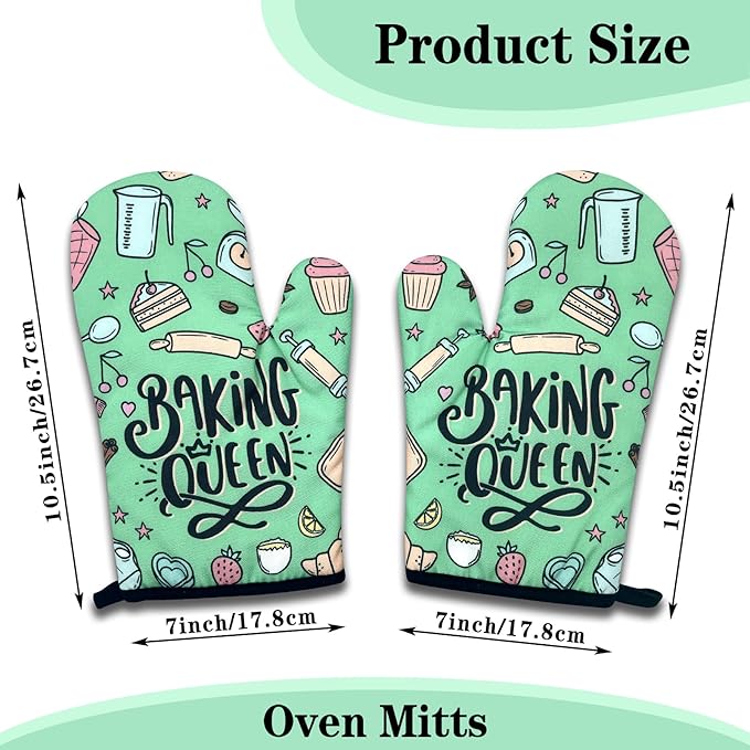 2 Pack Funny Baking Oven Mitts for Women, Baking Queen, Heat Resistant Silicone Non-Slip Mitts, Kitchen Decor Gifts for Bake Lover, Sweet Housewarming Gifts for Hostess Mom Wife Chef Baker