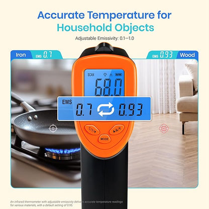 Etekcity Infrared Thermometer Laser Temperature Gun 774, Meat Food Candy Oven Thermometer for Griddle Accessories, Heat Gun for Cooking Refrigerator Tools, Adjustable Emissivity & Max Measure, Orange - Image 3