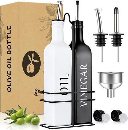 Vakoo Oil and Vinegar Dispenser Set - 17oz/500ml, Extra Thick Glass, Leak-Proof, Olive Oil Dispenser Bottle for Kitchen (White Black) by Vakoo