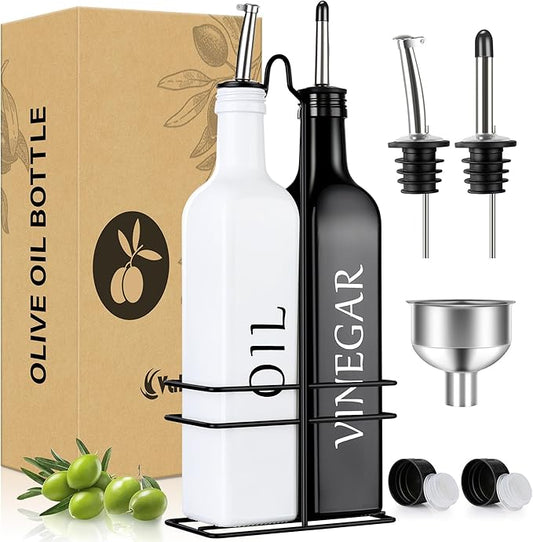 Vakoo Oil and Vinegar Dispenser Set - 17oz/500ml, Extra Thick Glass, Leak-Proof, Olive Oil Dispenser Bottle for Kitchen (White Black) by Vakoo