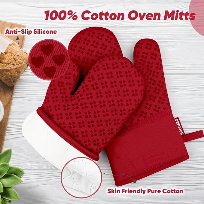 Oven Mitts and Pot Holders 4 Sets, Heat Resistant 500 ℉ Oven Mitt and Pot Holder,Oven Glove&Potholders with Non-Slip Silicone Surface,Kitchen Essentials for Cooking/Baking/BBQ-Red - Image 3