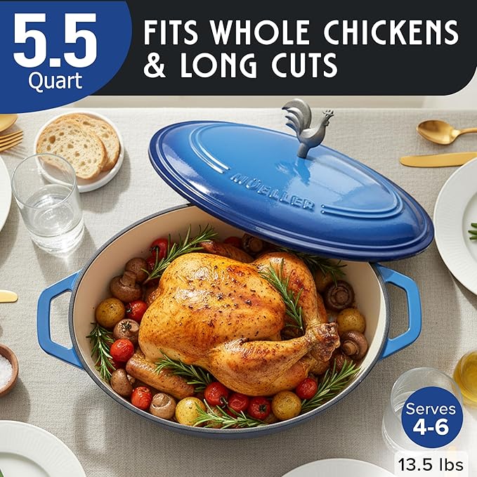 MUELLER HOME 5.5 Quart Enameled Cast Iron Oval Dutch Oven w Rooster Knob & Cotton Potholders, Heavy-Duty Cookware, Oven-Safe up to 500° F & Across All Cooktops, Gifts for Grandma & Women, Aqua Blue - Image 3