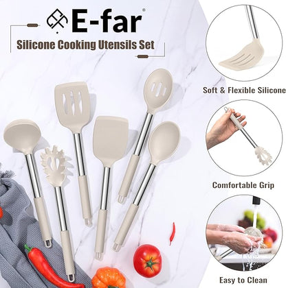 E-far 14 Pieces Silicone Cooking Utensils Set, Kitchen Utensils Set with Holder, Spatula, Ladle, Spoon, Tong, Slotted Turner for Nonstick Cookware, Heat Resistant & Stainless Steel Handle, Khaki - Image 4