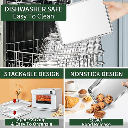 Baking Sheet with Cooling Rack Set(2 Baking Pans+2 Baking Racks), CEKEE Stainless Steel Non Stick Small Cookie Sheet Set, Size 10.39 x 8.07 x 1 Inch, Easy to Clean Small Baking Sheet with Rack Set